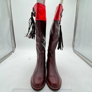 Wine Tassels Fashion Riding Knee High Long Boots Round Toe Low Chunky Heels Shoe